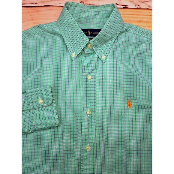 Ralph Lauren Mens Custom Fit Dress Shirt Small Green Checkered Button-Down - Picture 4 of 8